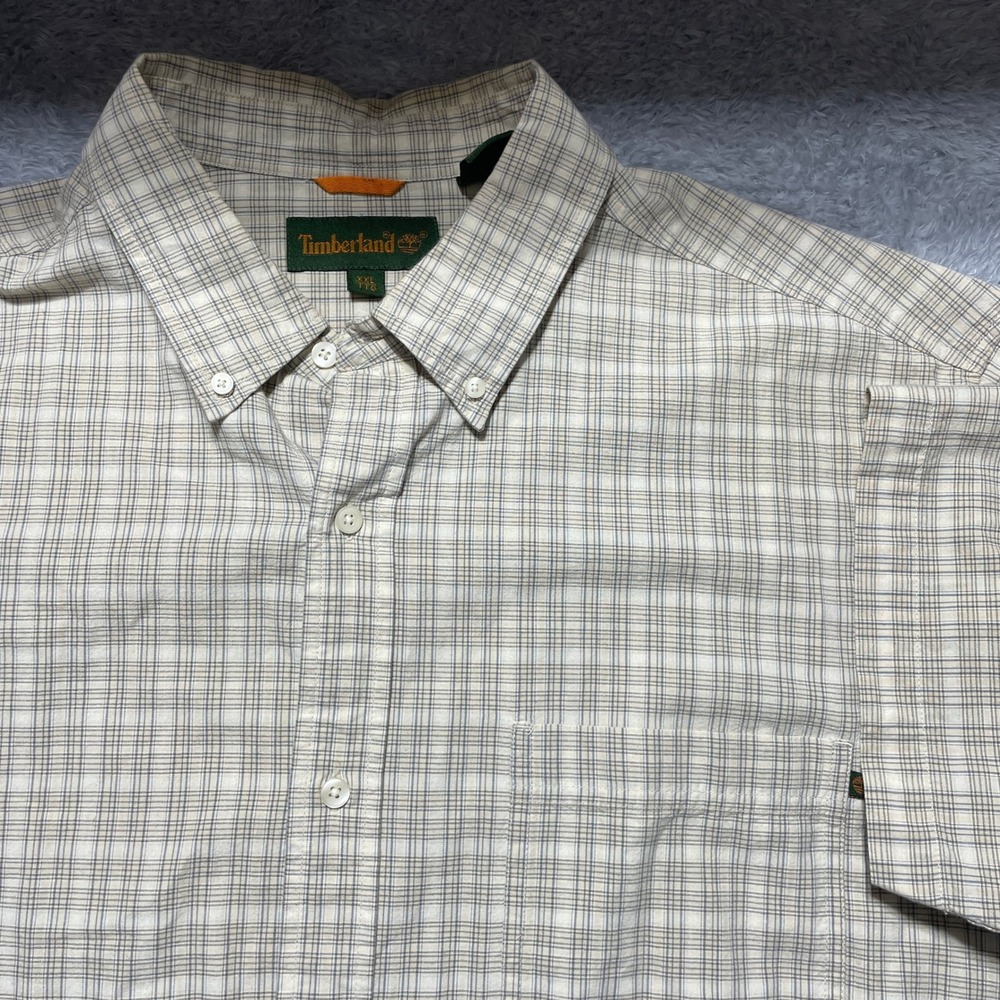 Timberland Mens XXL Short Sleeve Button Down Plaid Shirt Tan Blue 100% Cotton